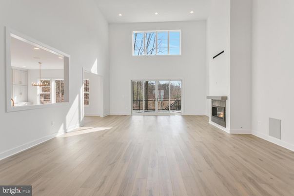 Empty room, Fireplace, Interior, Pendant Lights, Recessed Lighting, Wood Texture Flooring