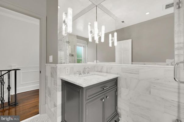 Bathroom, Glass Shower, Interior, Marble Walls, Recessed Lighting, Wood Texture Flooring