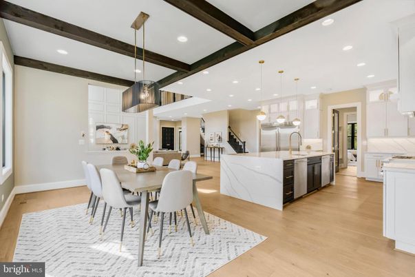 Dining room, Interior, Kitchen, Pendant Lights, Recessed Lighting, Stainless Steel Appliances, Wooden Beams, Wood Texture Flooring