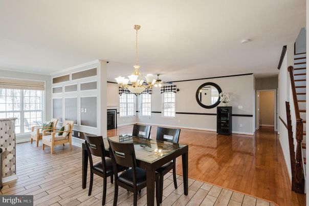 Chandelier, Dining room, Interior, Wood Texture Flooring