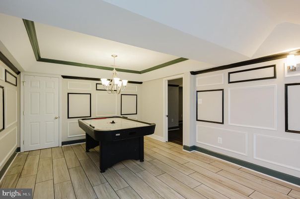 Billiard Table, Chandelier, Game Room, Interior, Wood Texture Flooring
