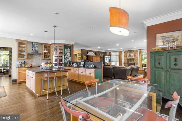 Dining room, Fireplace, Interior, Kitchen, Living room, Pendant Lights, Recessed Lighting, Wood Texture Flooring