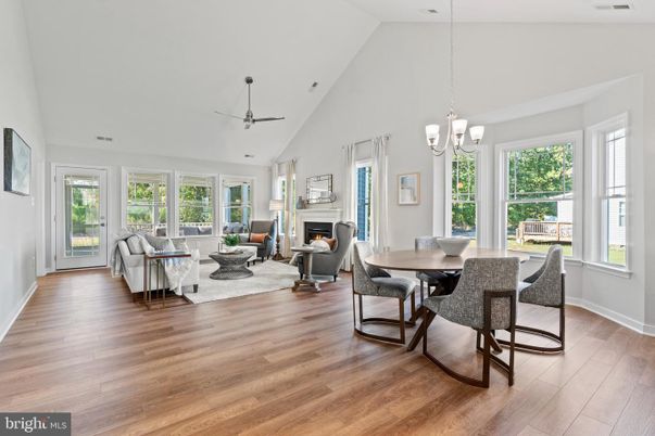 Chandelier, Dining room, Fireplace, Interior, Living room, Pendant Lights, Wood Texture Flooring