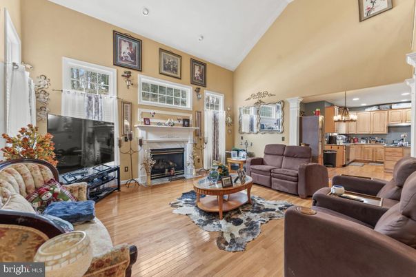 Fireplace, Interior, Kitchen, Living room, Pendant Lights, Recessed Lighting, Wood Texture Flooring