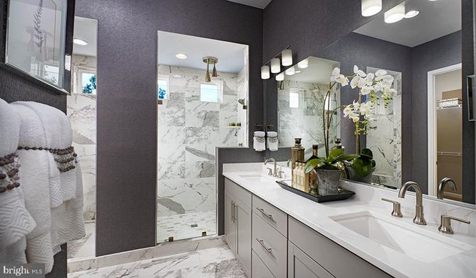 Bathroom, Dual Sink Vanities, Glass Shower, Interior, Marble, Marble Walls, Recessed Lighting