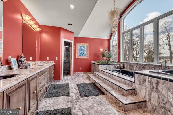 Bathroom, Dual Sink Vanities, Interior, Marble, Pendant Lights, Recessed Lighting