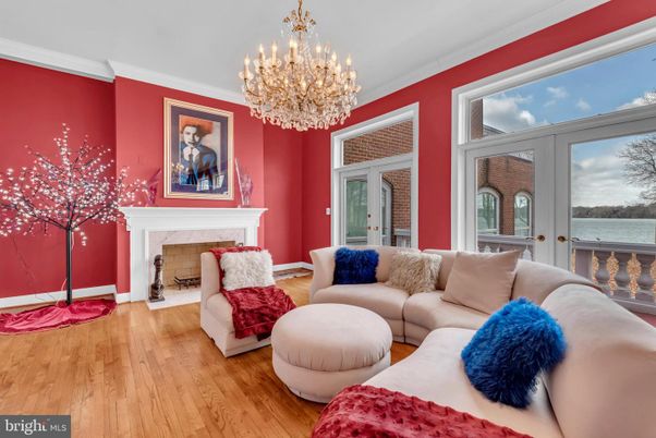 Chandelier, Fireplace, Interior, Living room, Water, Wood Texture Flooring