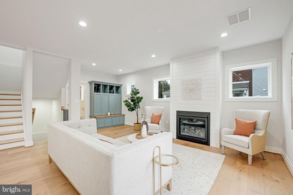 Fireplace, Interior, Living room, Recessed Lighting, Wood Texture Flooring
