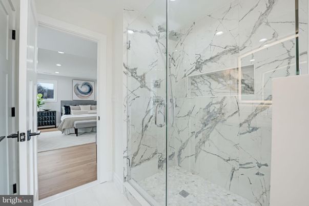 Bathroom, Bedroom, Glass Shower, Interior, Marble Walls, Recessed Lighting, Wood Texture Flooring