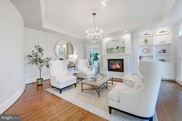 Chandelier, Fireplace, Interior, Living room, Recessed Lighting, Wood Texture Flooring