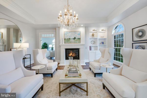 Chandelier, Fireplace, Interior, Living room, Recessed Lighting, Wood Texture Flooring