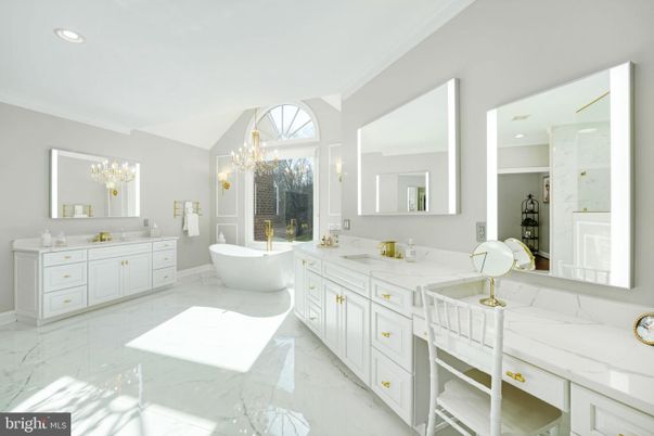 Bathroom, Chandelier, Dual Sink Vanities, Free Standing Baths, Interior, Marble, Recessed Lighting