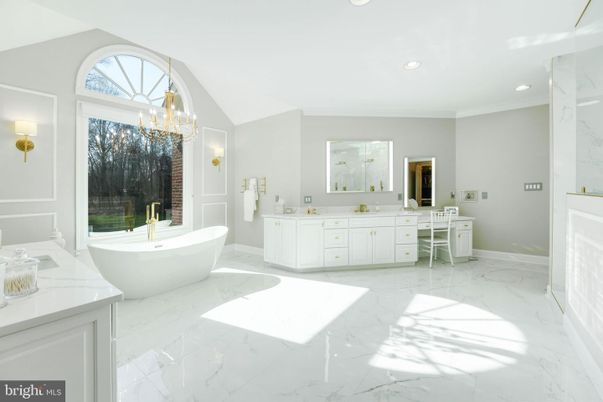 Bathroom, Chandelier, Dual Sink Vanities, Free Standing Baths, Interior, Marble, Recessed Lighting