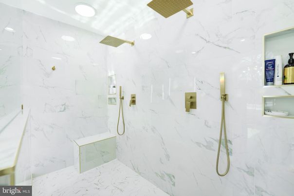 Bathroom, Glass Shower, Interior, Marble, Marble Walls, Recessed Lighting