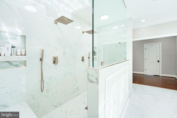 Bathroom, Glass Shower, Interior, Marble, Marble Walls, Recessed Lighting, Wood Texture Flooring