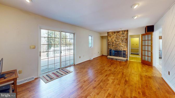 Empty room, Fireplace, Interior, Recessed Lighting, Wood Texture Flooring