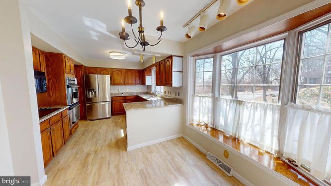 Chandelier, Interior, Kitchen, Stainless Steel Appliances, Wood Texture Flooring