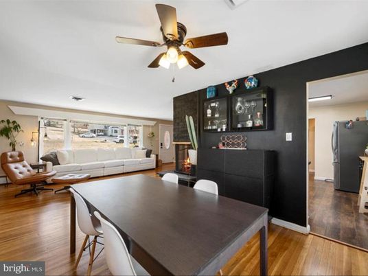 Dining room, Fireplace, Interior, Living room, Wood Texture Flooring