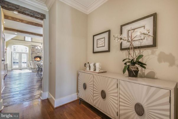 Dining room, Fireplace, Interior, Wooden Beams, Wood Texture Flooring
