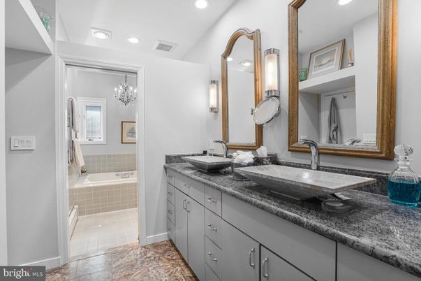 Bathroom, Chandelier, Dual Sink Vanities, Interior, Recessed Lighting