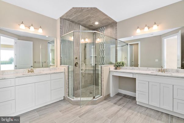 Bathroom, Dual Sink Vanities, Glass Shower, Interior, Wood Texture Flooring