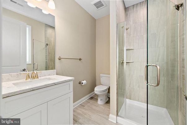 Bathroom, Glass Shower, Interior, Wood Texture Flooring