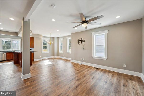 Chandelier, Empty room, Interior, Kitchen, Recessed Lighting, Wood Texture Flooring