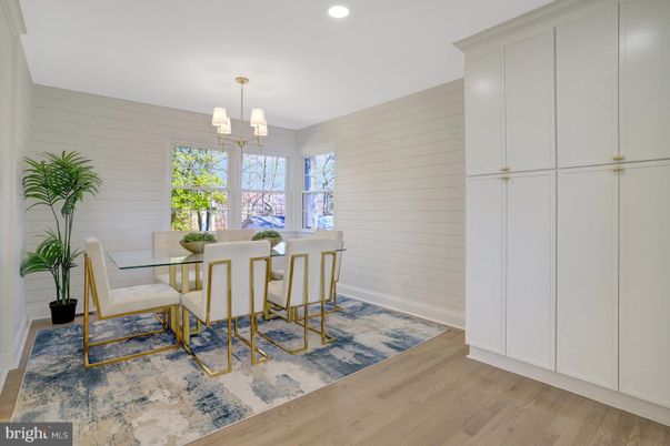 Dining room, Interior, Pendant Lights, Recessed Lighting, Wood Texture Flooring