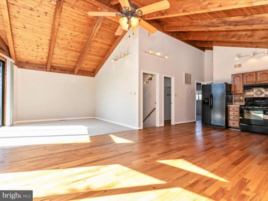 Empty room, Interior, Kitchen, Stainless Steel Appliances, Wooden Beams, Wooden Ceilings, Wood Texture Flooring