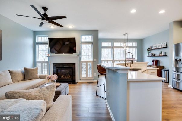 Fireplace, Interior, Kitchen, Living room, Pendant Lights, Recessed Lighting, Wood Texture Flooring