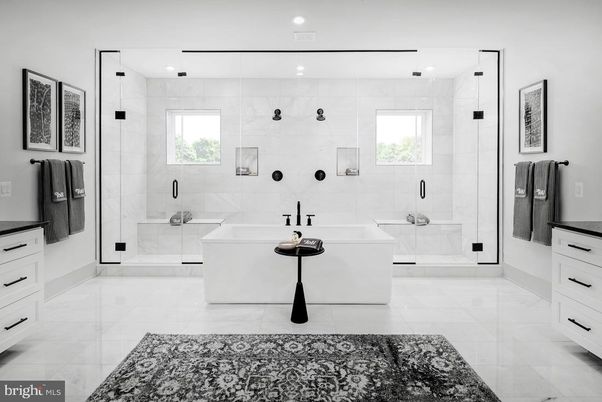 Bathroom, Dual Sink Vanities, Free Standing Baths, Glass Shower, Interior, Marble Walls, Recessed Lighting