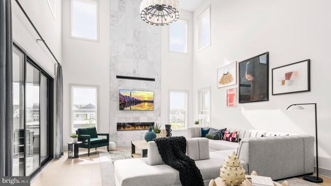 Fireplace, Interior, Living room, Marble Walls, Pendant Lights