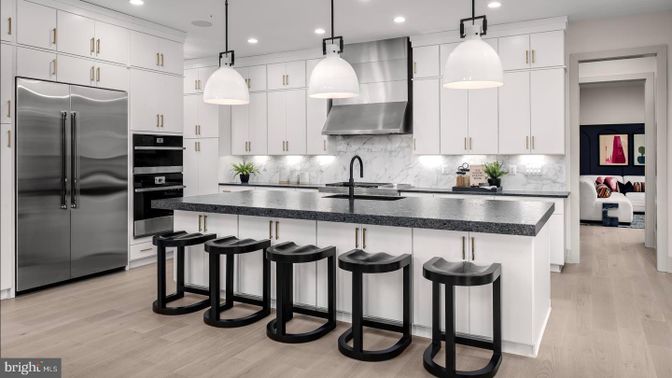 Interior, Kitchen, Pendant Lights, Recessed Lighting, Stainless Steel Appliances, Wood Texture Flooring