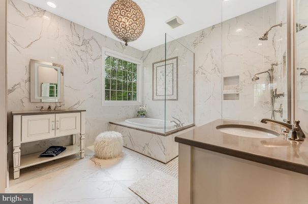 Bathroom, Dual Sink Vanities, Glass Shower, Interior, Marble, Marble Walls, Recessed Lighting