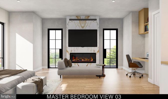 Fireplace, Home Office, Interior, Recessed Lighting, Wood Texture Flooring