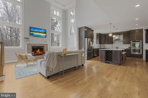 Fireplace, Interior, Kitchen, Living room, Pendant Lights, Recessed Lighting, Stainless Steel Appliances, Wood Texture Flooring