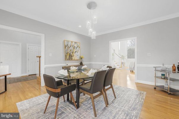 Dining room, Interior, Pendant Lights, Recessed Lighting, Wood Texture Flooring