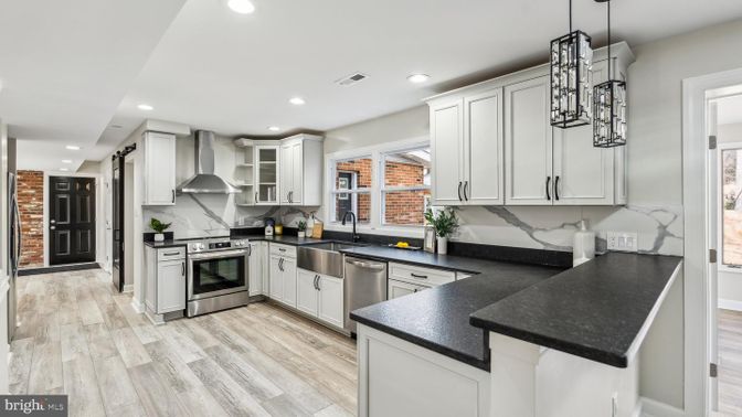 Interior, Kitchen, Pendant Lights, Recessed Lighting, Stainless Steel Appliances, Wood Texture Flooring
