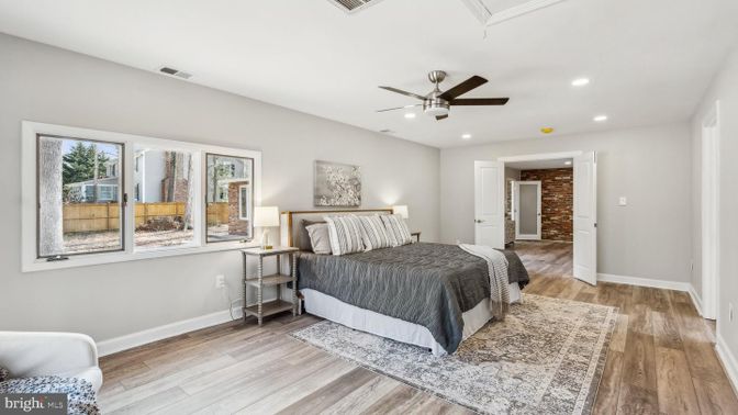 Bedroom, Interior, Recessed Lighting, Stone Walls, Wood Texture Flooring