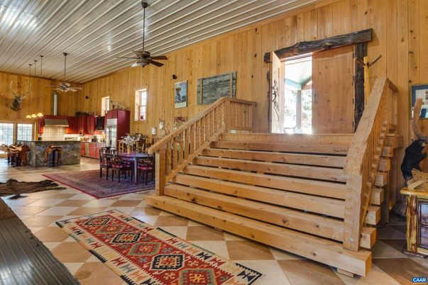 Dining room, Fireplace, Interior, Pendant Lights, Wooden Walls