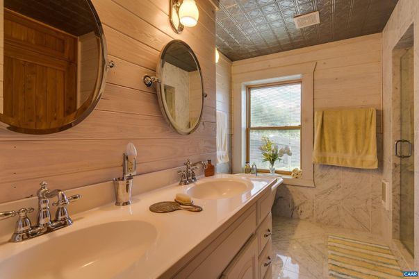 Bathroom, Dual Sink Vanities, Glass Shower, Interior, Marble, Wooden Walls