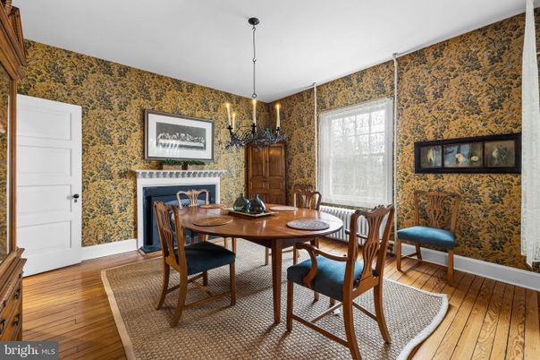 Dining room, Fireplace, Interior, Pendant Lights, Wood Texture Flooring