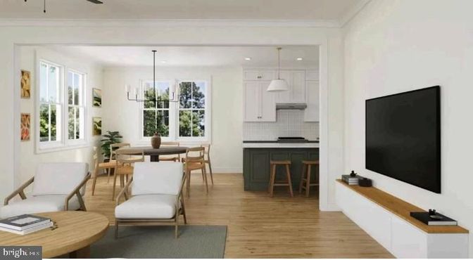 Dining room, Interior, Kitchen, Pendant Lights, Recessed Lighting, Wood Texture Flooring