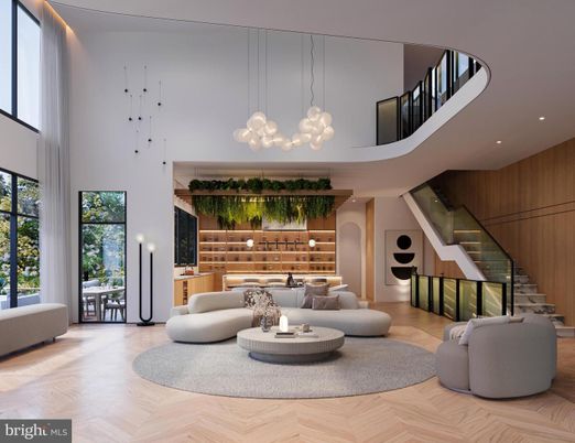 Interior, Living room, Pendant Lights, Recessed Lighting, Wood Texture Flooring, Wooden Walls