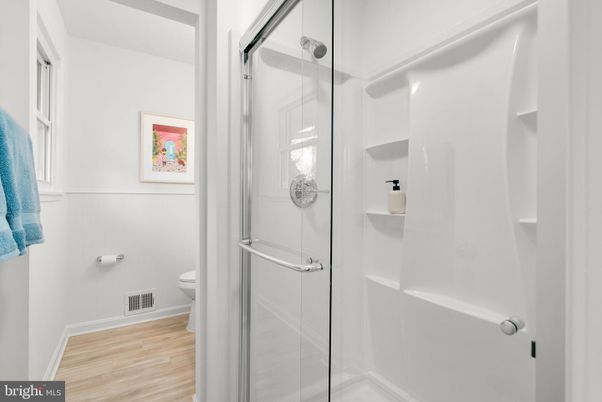 Bathroom, Glass Shower, Interior, Wood Texture Flooring