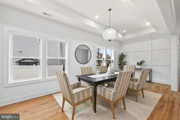 Dining room, Interior, Pendant Lights, Recessed Lighting, Wood Texture Flooring