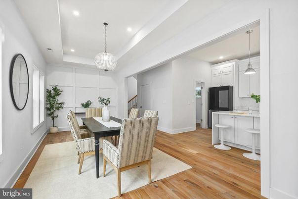 Dining room, Interior, Pendant Lights, Recessed Lighting, Wood Texture Flooring