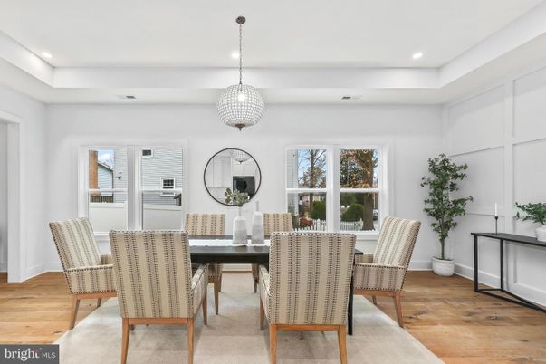 Dining room, Interior, Pendant Lights, Recessed Lighting, Wood Texture Flooring