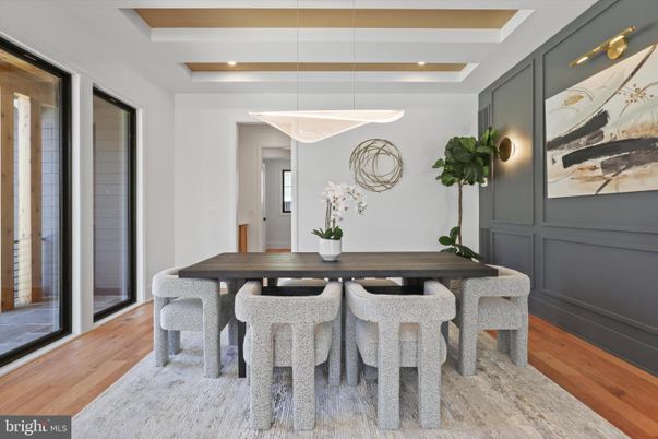 Dining room, Interior, Pendant Lights, Recessed Lighting, Wood Texture Flooring