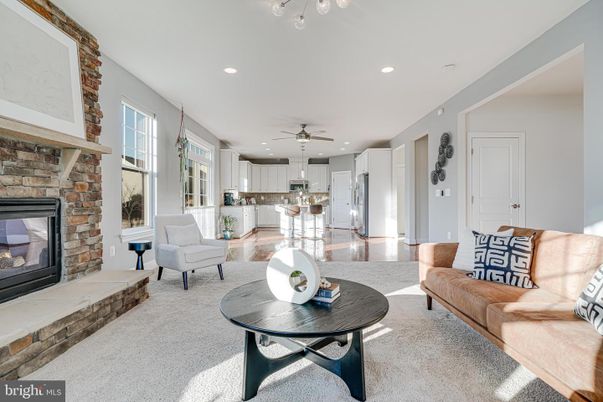 Fireplace, Interior, Kitchen, Living room, Recessed Lighting, Stone Walls